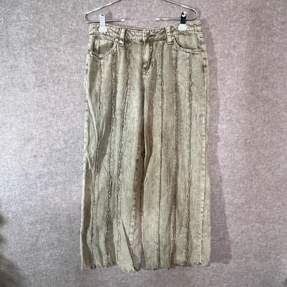 PTCL Ethikal Wide Leg Jeans Women 28 Olive Green Frayed Seam Raw Hem Grunge